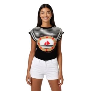 VINTAGE Striped Sailboat Lifebuoy Nautical Ocean Short Sleeved Sweater Top